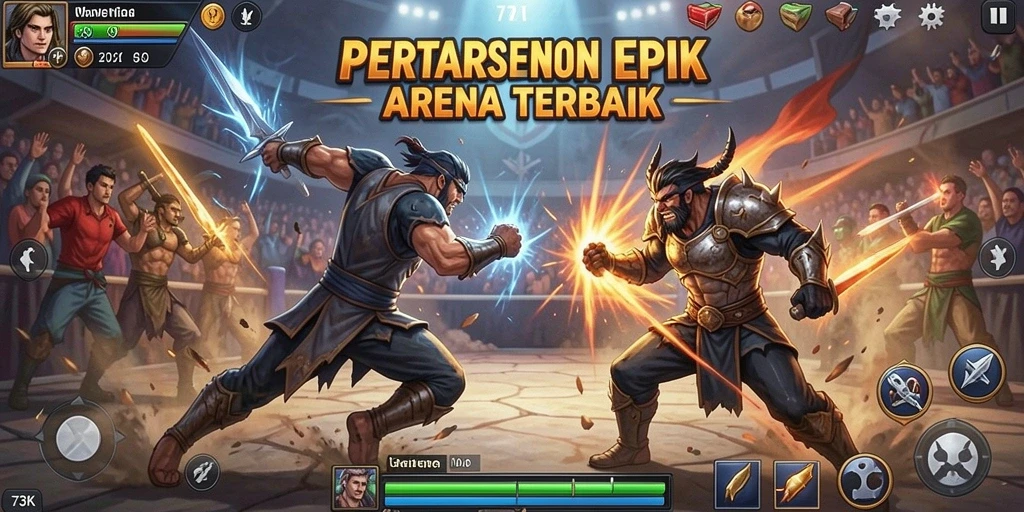 Screenshot <strong>73K</strong> menunjukkan karakter sedang bertarung di arena.