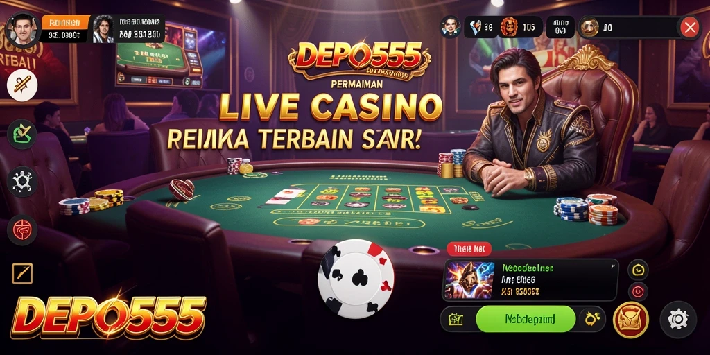 Screenshot utama DEPO555 menampilkan dealer langsung dan suasana permainan yang mendebarkan.