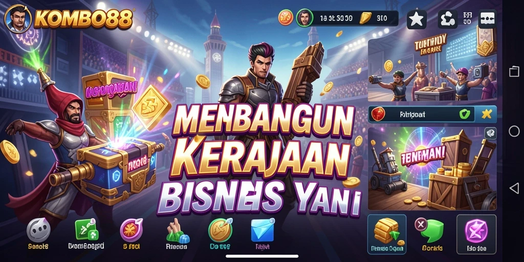 Tampilan gameplay KOMBO88 yang menampilkan aksi manajemen bisnis.