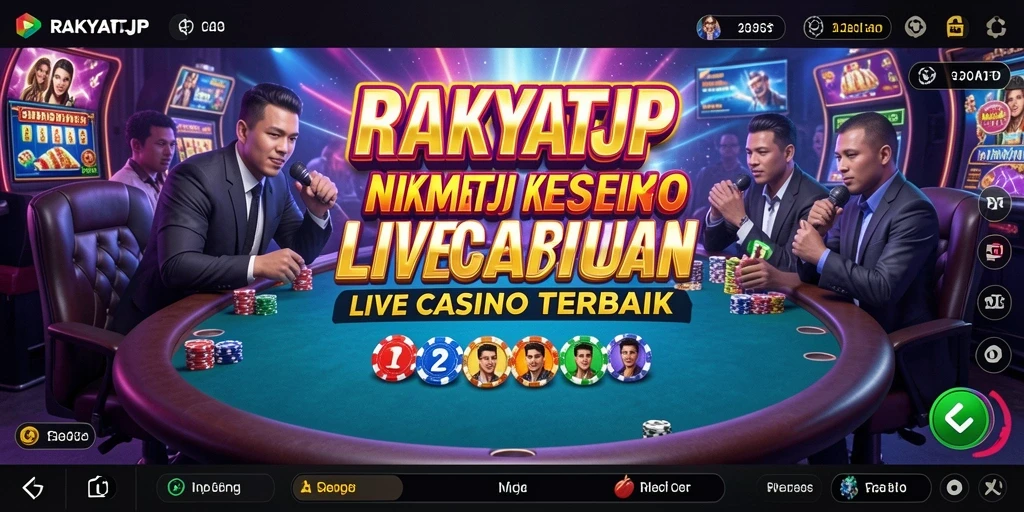 Screenshot gameplay RAKYATJP menampilkan dealer profesional dan suasana kasino yang hidup.