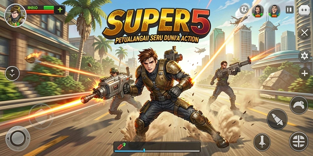 Screenshot menunjukkan gameplay aksi yang mendebarkan dalam SUPER5.