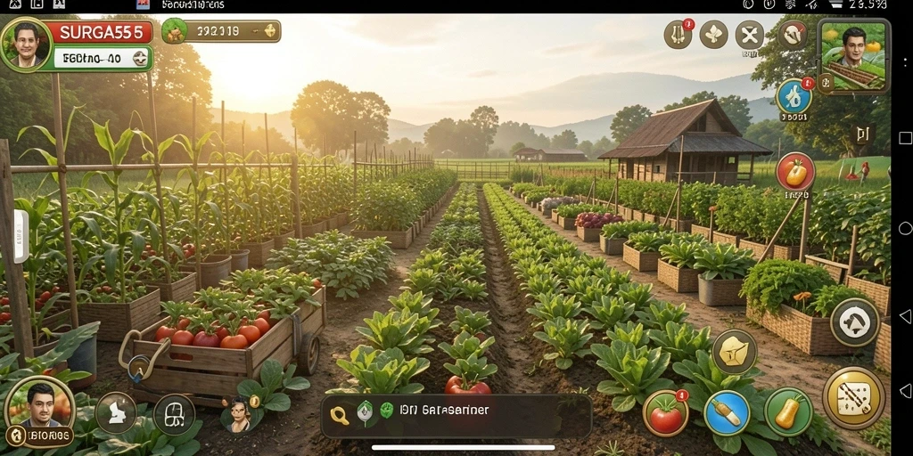 Tampilan gameplay SURGA55 dengan berbagai tanaman dan hewan ternak.