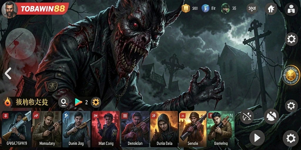 Screenshot gameplay TOBAWIN88 menampilkan suasana horor yang mencekam.