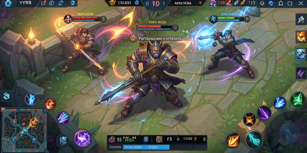Tampilan utama gameplay fantastis dengan aksi seru di arena.